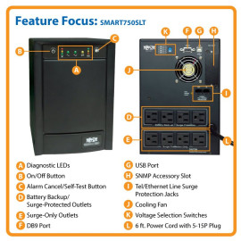 Tripp Lite SMART750SLT SmartPro 120V 750VA 500W Line-Interactive Sine Wave UPS Tower Network Card Options USB DB9 Serial