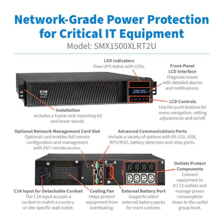 Tripp Lite SMX1500XLRT2U SmartPro 1500VA 1500W 208/230V Line-Interactive Sine Wave UPS - 8 Outlets Extended Run Network Card Option LCD USB DB9 2U Rack/Tower UPS Battery Backup