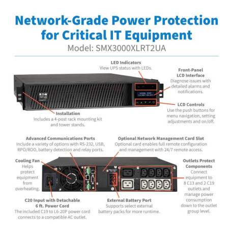 Tripp Lite SMX3000XLRT2UA SmartPro 3000VA 3000W 208/230V Line-Interactive Sine Wave UPS - 10 Outlets Extended Run Network Card Option LCD USB DB9 2U Rack/Tower