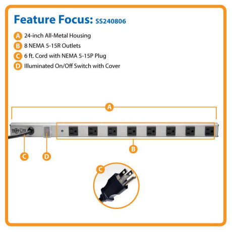 Tripp Lite SS240806 8-Outlet Power Strip with Surge Protection 6 ft. (1.83 m) Cord 1050 Joules 2 ft. (0.61 m) length