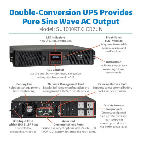 Tripp Lite SU1000RTXLCD2UN SmartOnline 1000VA 900W 120V Double-Conversion UPS - 8 Outlets Extended Run Network Card Included LCD USB DB9 2U Rack/Tower UPS Battery Backup
