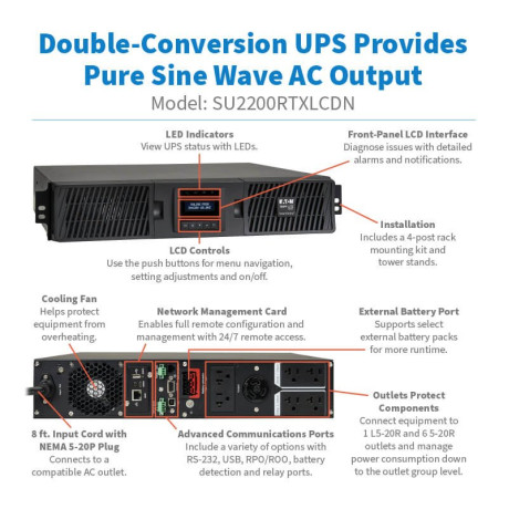 Tripp Lite SU2200RTXLCDN SmartOnline 2000VA 1800W 120V Double-Conversion UPS - 7 Outlets Extended Run Network Card Included LCD USB DB9 2U Rack/Tower UPS Battery Backup