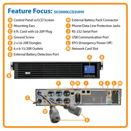 Tripp Lite SU3000LCD2UHV 208/240V 3000VA 2.7kW Double-Conversion UPS - 8 Outlets Extended Run Card Slot LCD USB DB9 2U