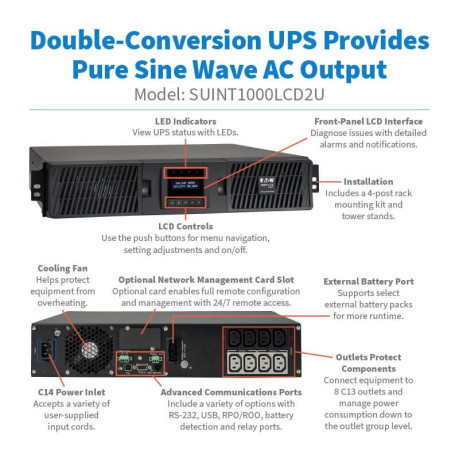 Tripp Lite SUINT1000LCD2U SmartOnline 1000VA 900W 208/230V Double-Conversion UPS - 8 Outlets Extended Run Network Card Option LCD USB DB9 2U Rack/Tower UPS Battery Backup