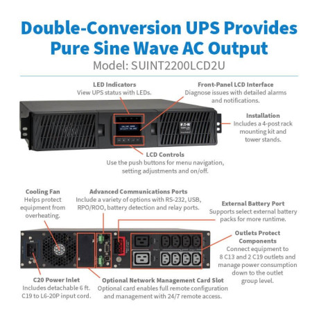 Tripp Lite SUINT2200LCD2U SmartOnline 2200VA 2000W 208/230V Double-Conversion UPS - 10 Outlets Extended Run Network Card Option LCD USB DB9 2U Rack/Tower UPS Battery Backup
