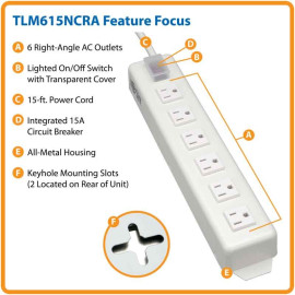 Tripp Lite TLM615NCRA Power It! Power Strip with 6 Right-Angle Outlets 15 ft. (4.57 m) Cord Transparent Switch Cover