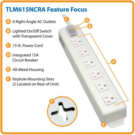 Tripp Lite TLM615NCRA Power It! Power Strip with 6 Right-Angle Outlets 15 ft. (4.57 m) Cord Transparent Switch Cover Power Strip Cord