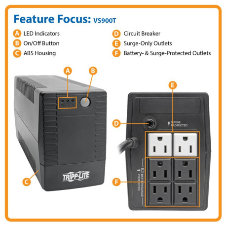 Tripp Lite VS900T 900VA 480W Line-Interactive UPS with 6 Outlets - AVR VS Series 120V 50/60 Hz Tower